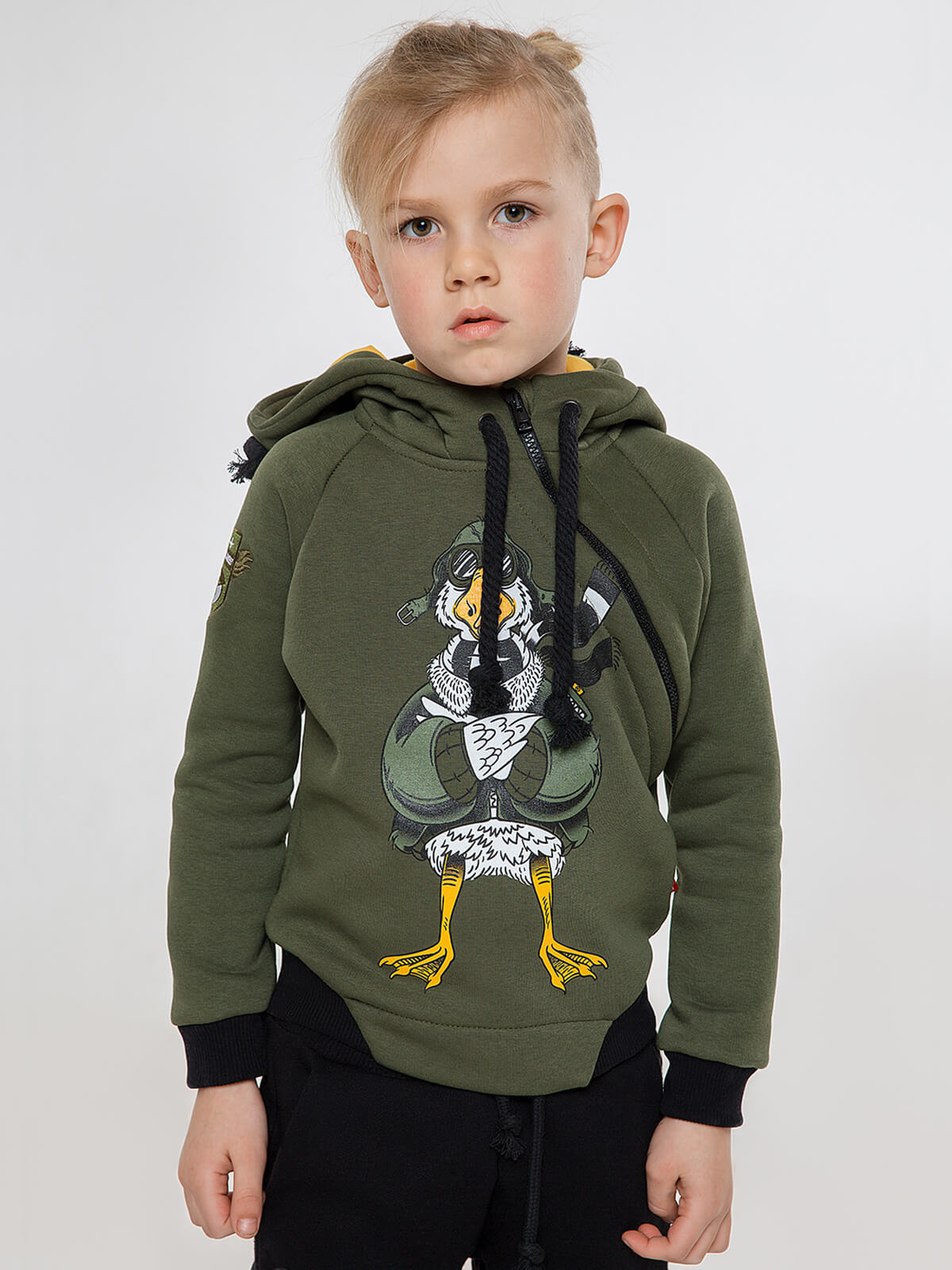 Kids Hoodie Goose. Color khaki. Hoodie: unisex, well suited for both boys and girls.