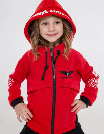 Kids Hoodie Stork. Color red. 
Material of the hoodie – three-cord thread fabric: 77% cotton, 23% polyester.