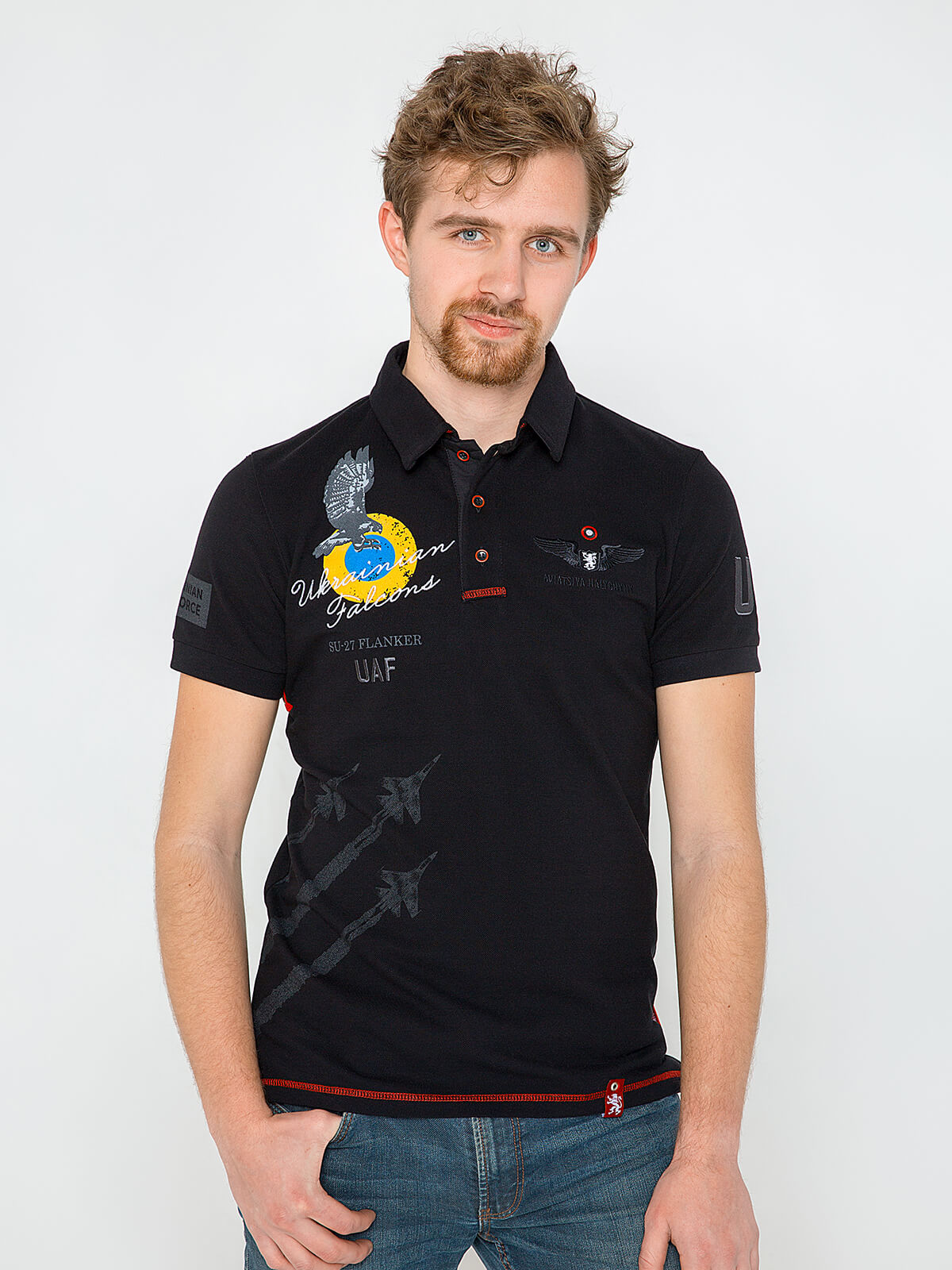 Men's Polo Shirt Ukrainian Falcons. Color black. Pique fabric: 100% cotton.