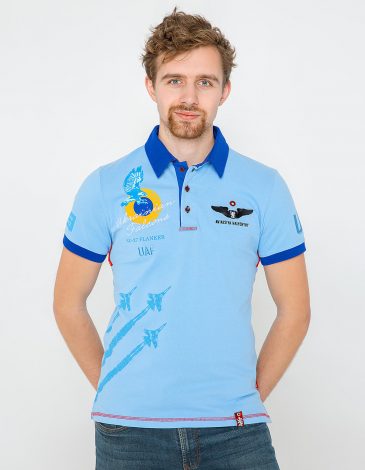 Men's Polo Shirt Ukrainian Falcons. Color sky blue. 
Technique of prints applied: embroidery, silkscreen printing.