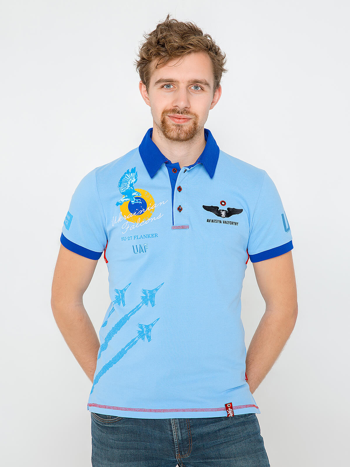 Men's Polo Shirt Ukrainian Falcons. Color sky blue. Pique fabric: 100% cotton.