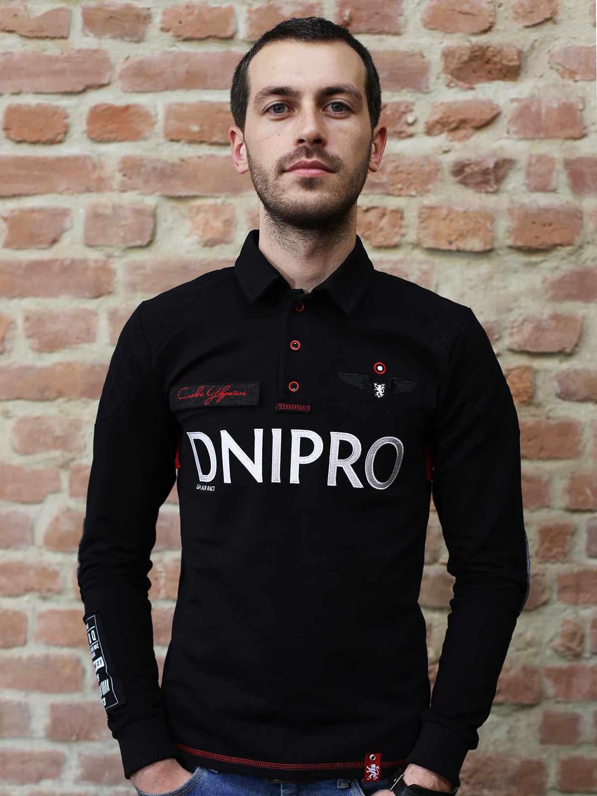 Men's Polo Long Air Race Dnipro. Color black. Material: 75% cotton, 21% polyester, 4% spandex.