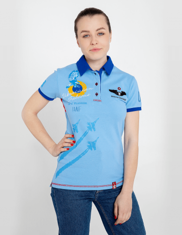 Women's Polo Shirt Ukrainian Falcons. Color sky blue. .
