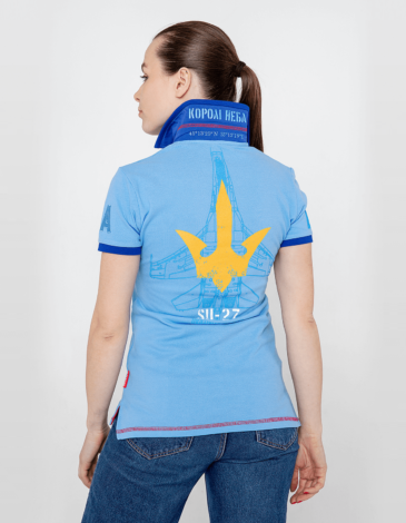 Women's Polo Shirt Ukrainian Falcons. Color sky blue. .