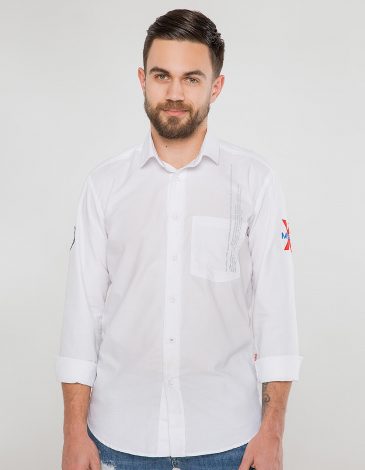 Men's Shirt Molfar-X. Color white. 
Technique of prints applied: embroidery, silkscreen printing.