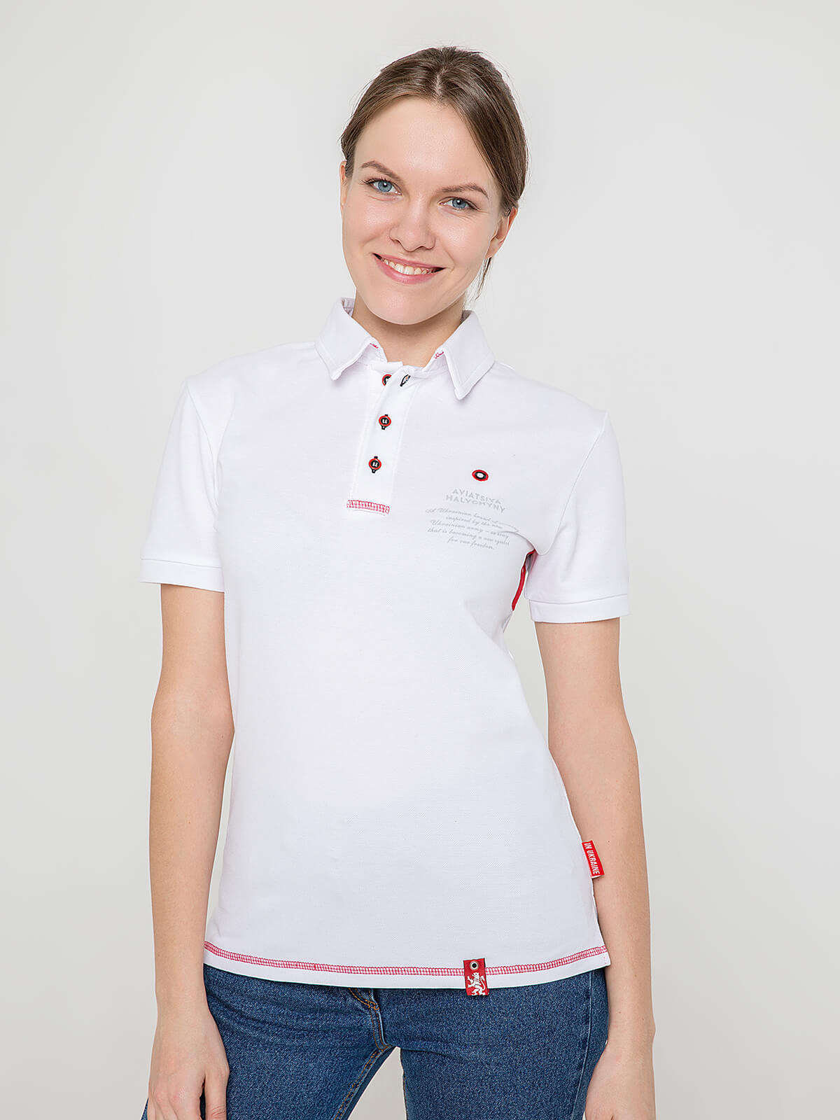 Women's Polo Shirt Wings. Color white. Unisex polo (men’s sizes).