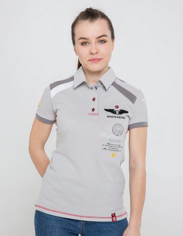 Women's Polo Shirt Indian. Color light-gray. 
Technique of prints applied: embroidery, silkscreen printing.