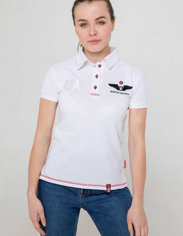 Women's Polo Shirt Seraphim. Color white. 
Technique of prints applied: embroidery, silkscreen printing.