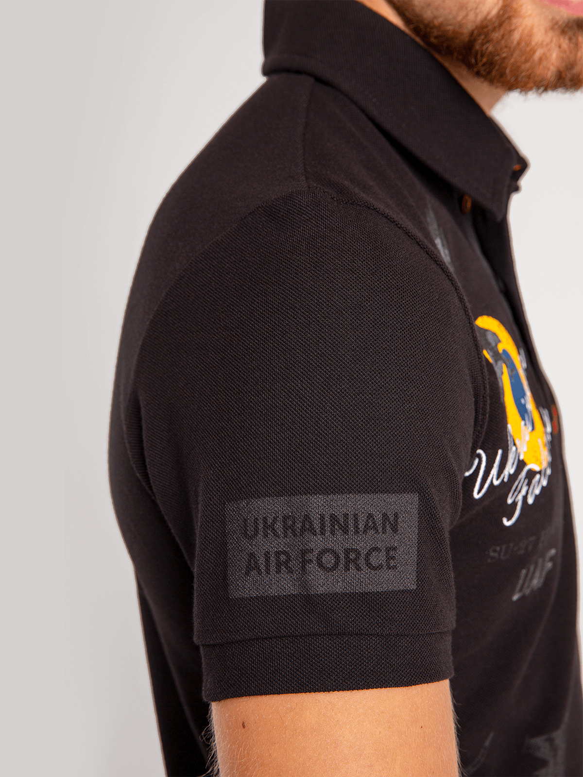 Men's Polo Shirt Ukrainian Falcons. Color black. 
Size worn by the model: M.