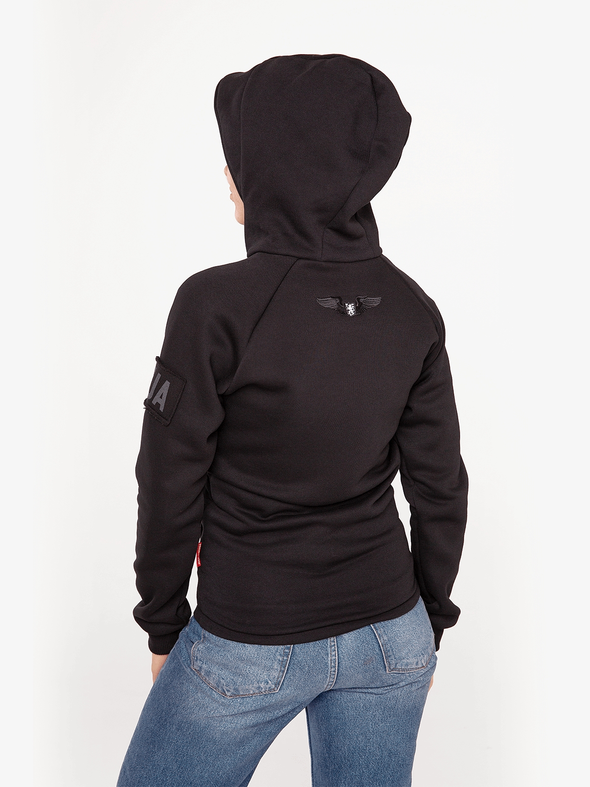 Women's Hoodie Roundel. Color black. 
Technique of prints applied: silkscreen printing, embroidery.