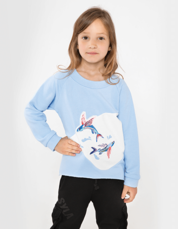 Kids Sweatshirt Flying Fishes. Color sky blue. .