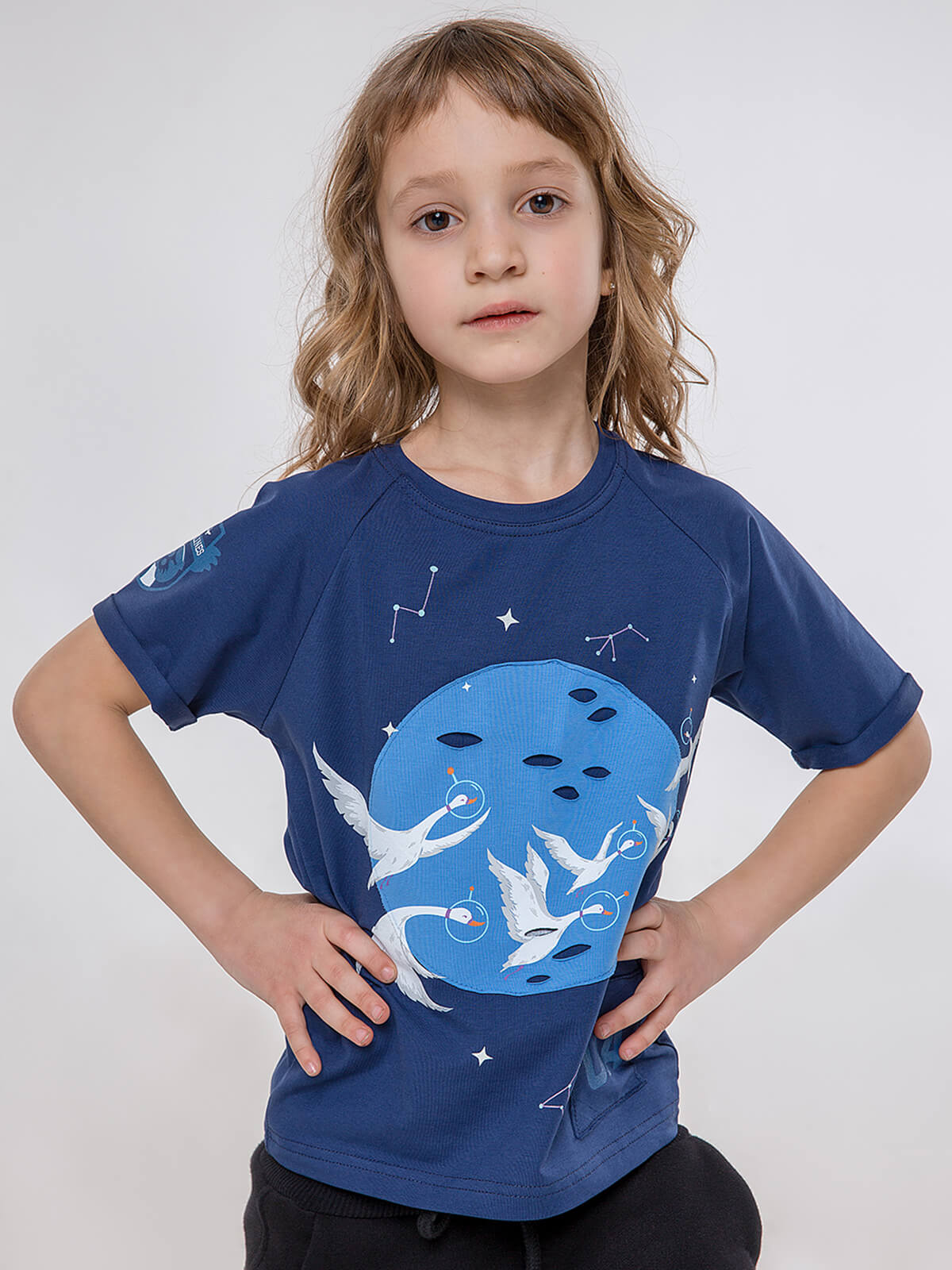 Kids T-Shirt Space. Color navy blue. T-shirt: unisex, well suited for both boys and girls.