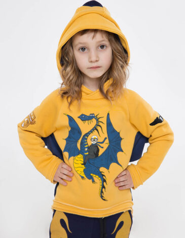 Kids Hoodie Dragon. Color yellow. 1.