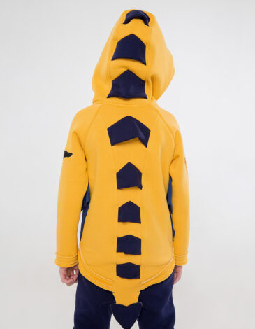 Kids Hoodie Dragon. Color yellow. 
Material of the hoodie – three-cord thread fabric: 77% cotton, 23% polyester.