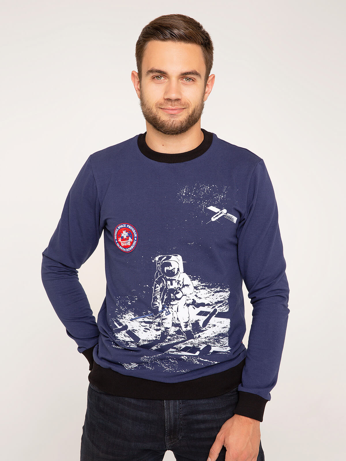 Men's Long Sleeve Hutsul Space Program. Color navy blue. Material: 75% cotton, 21% polyester, 4% spandex.