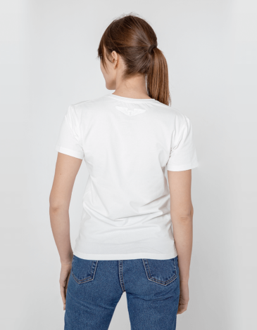 Women's T-Shirt Flu. Color off-white. 
Technique of prints applied: silkscreen printing.