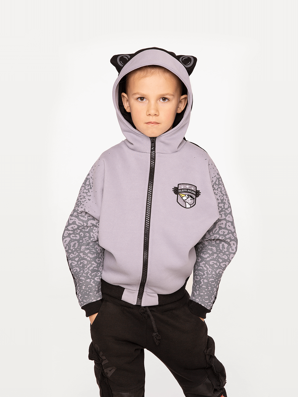 Kids Hoodie Stingray. Color gray. Hoodie: unisex, well suited for both boys and girls.