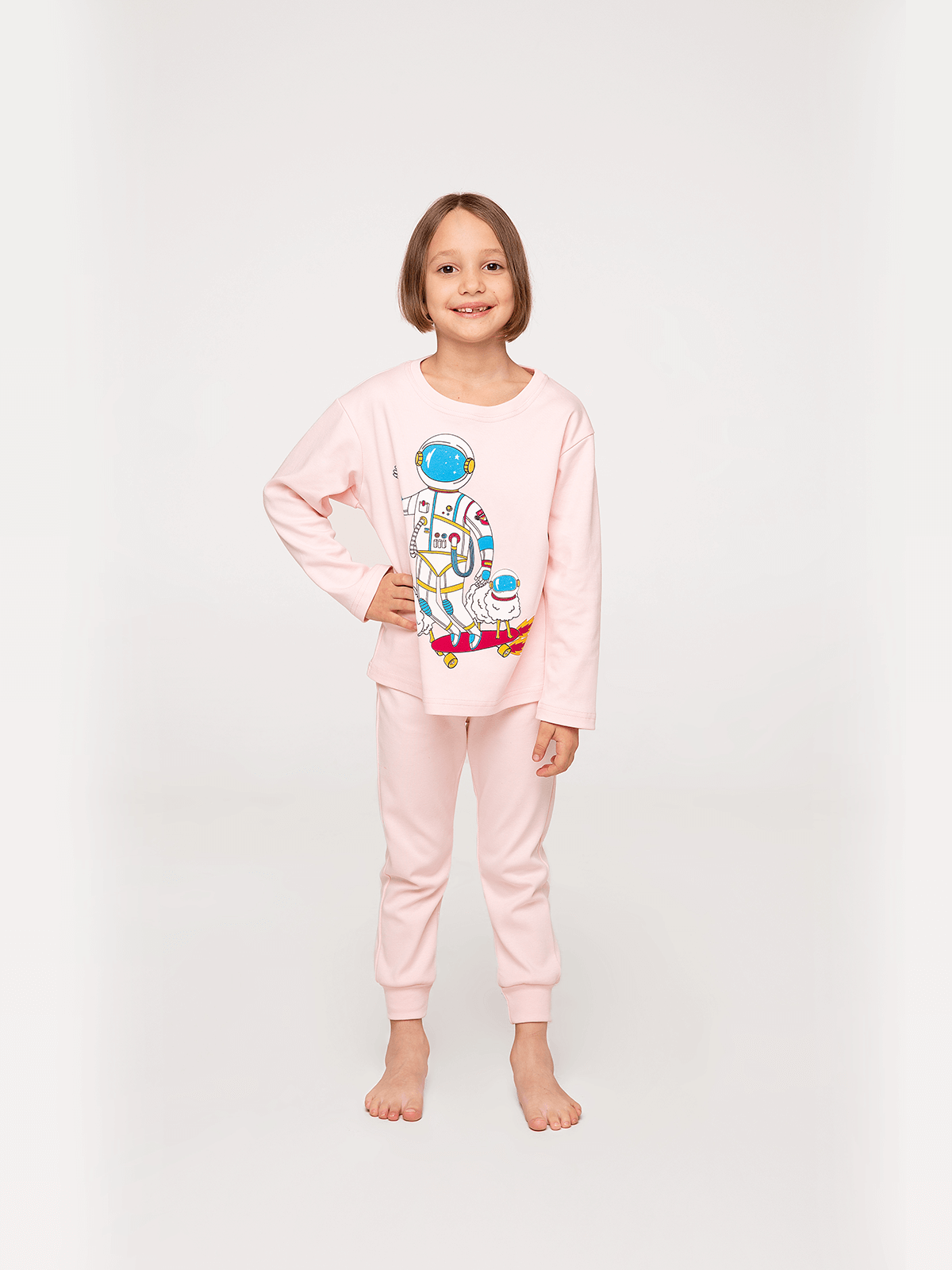 Kids Pajamas Space Shepherd. Color pale pink. 
Technique of prints applied: silkscreen printing.