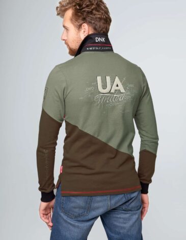 Men's Polo Long Dnipro. Color green. There are three-dimensional letters UA, an embroidered inscription “United” and schematic routes of the airplanes between various airports of the world on the back.