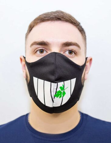Mask Teeth. Color black. Reusable protective mask with a pocket for a replaceable filter
Basic material (outer layer): scuba fabric (rayon 65%, lycra 5%, polyester 30%) – light-weight, elastic and smooth material that dries quickly and fits the face line effectively.
