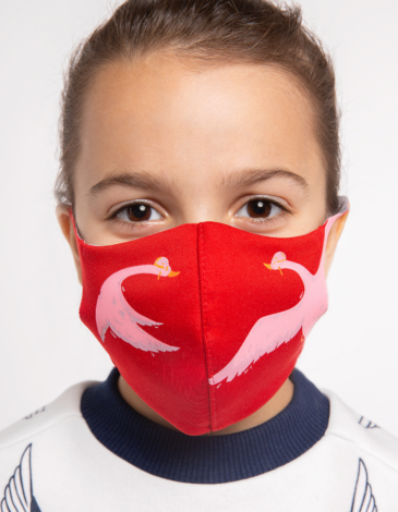 Kids Mask Goose. Color red. Reusable protective mask with a pocket for a replaceable filter
Basic material (outer layer): scuba fabric (rayon 65%, lycra 5%, polyester 30%) – light-weight, elastic and smooth material that dries quickly and fits the face line effectively.
