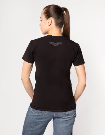 Women's T-Shirt Lion (Roundel). Color black. 
Technique of prints applied: silkscreen printing.