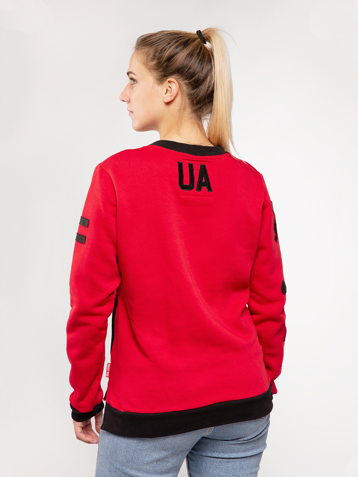 Women's Sweatshirt Ua. Color red. 
Technique of prints applied: silkscreen printing.