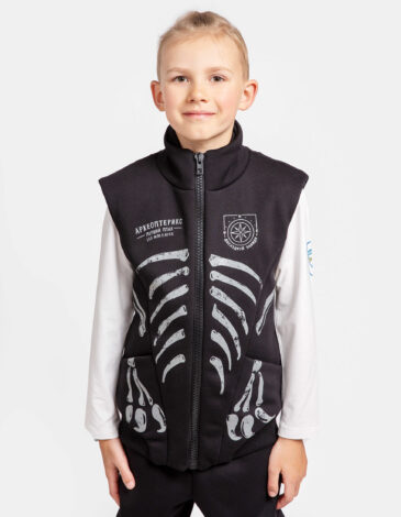 Kids Sleeveless Jacket Archaeopatrik. Color black. Unisex sleeveless jacket.