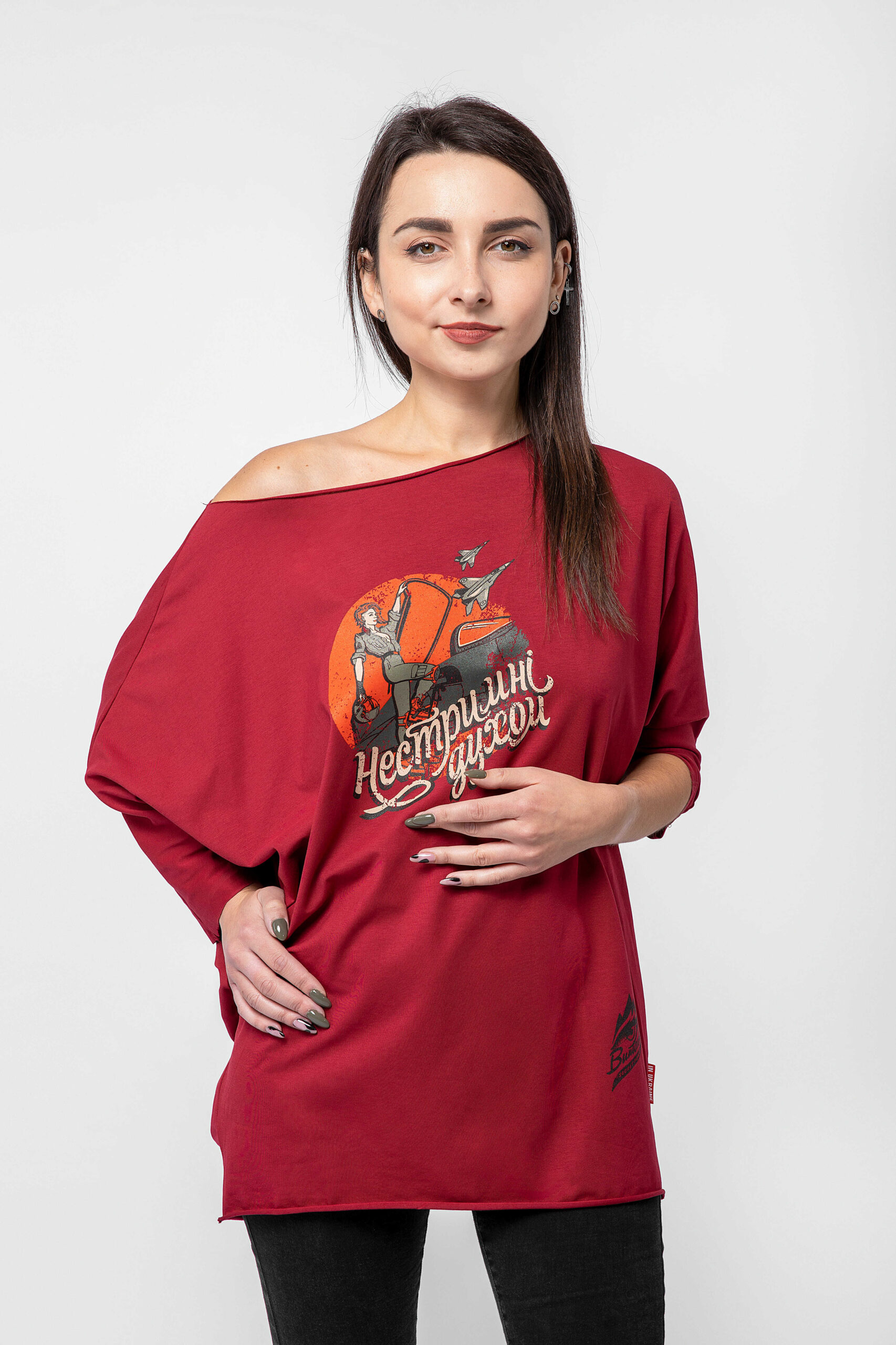 Women's T-Shirt Rebellious Spirit. Color claret. Material: 95% cotton, 5% spandex.