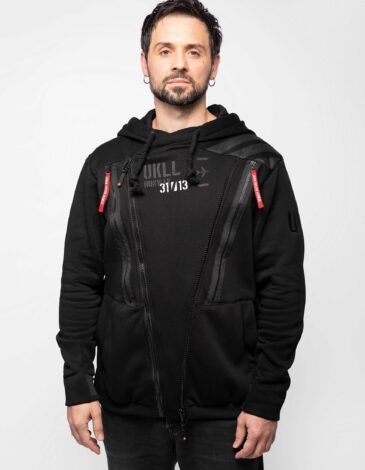 Men's Hoodie Runway. Color black. Three-cord thread fabric: 77% cotton, 23% polyester.