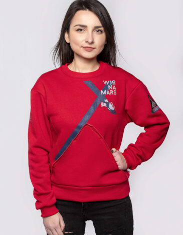 Women's Sweatshirt Triskelion. Color red. Three-cord thread fabric: 77% cotton, 23% polyester.