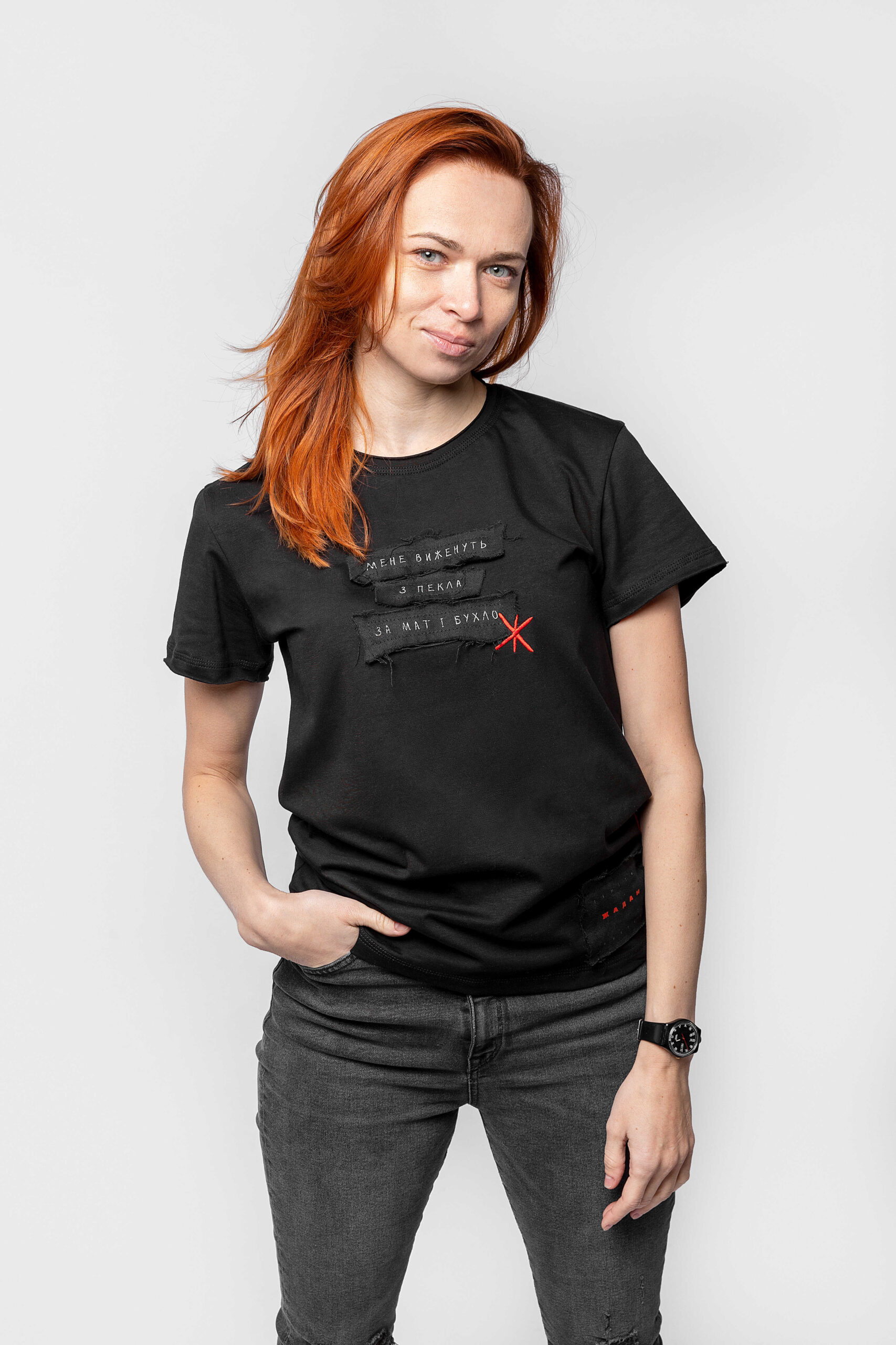 Women's T-Shirt Exiled From Hell. Color black. .