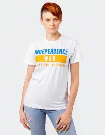 Жіноча Футболка Independence War. Колір білий. Увесь прибуток перераховуємо на підтримку проєкту “Купи мені літак”!  Футболка унісекс (розміри чоловічі).