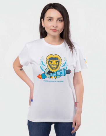 Women's T-Shirt From Ukraine With Nlaw. Color white. All income is directed to support “Buy me a fighter jet”  Unisex T-shirt (men’s sizes).
