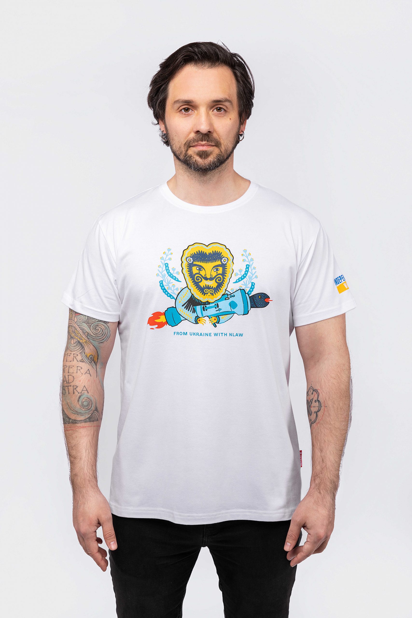 Men's T-Shirt From Ukraine With Nlaw. Color white. All income is directed to support “Buy me a fighter jet”.
