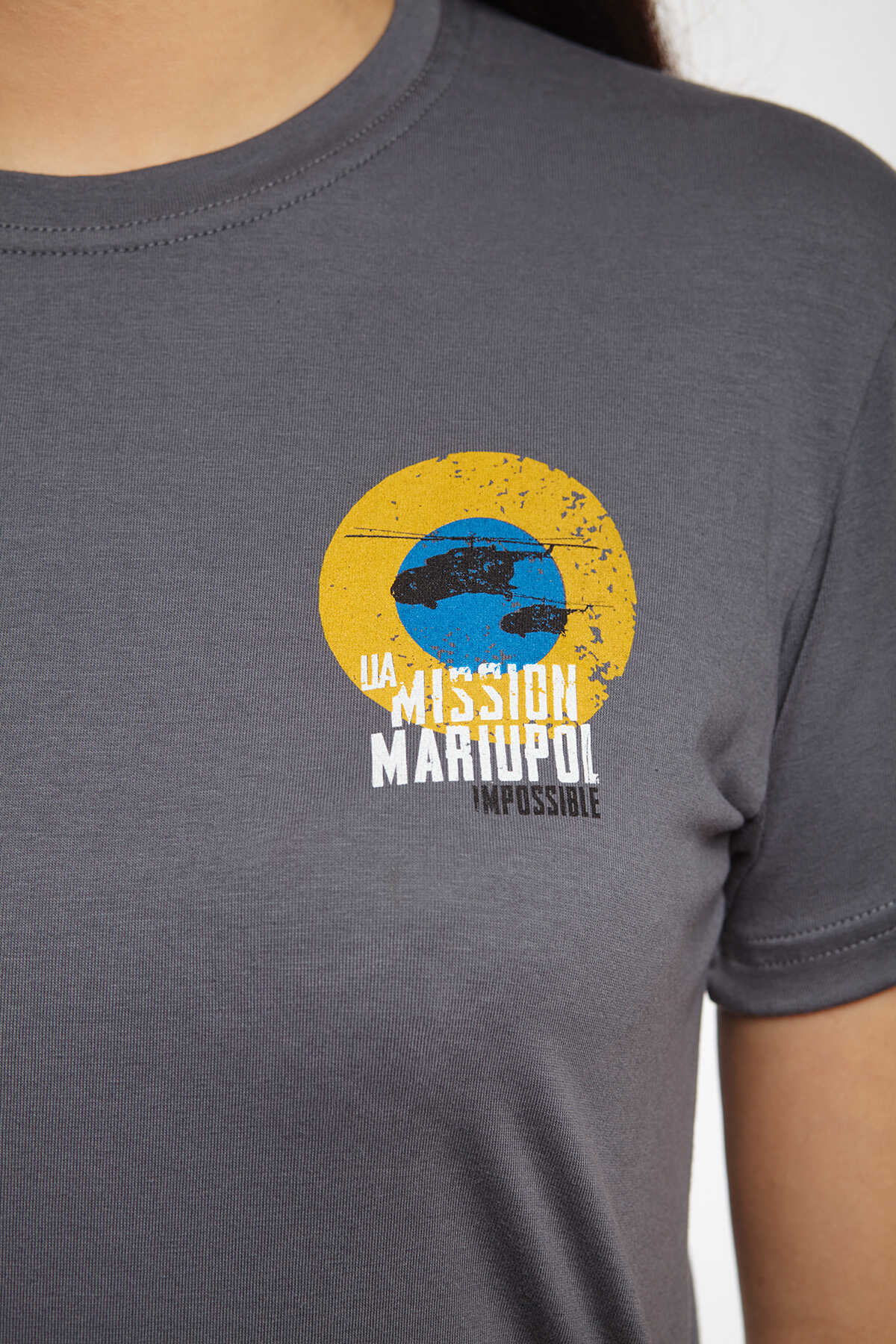 Women's T-Shirt Mission Mariupol. Color gray. 2.