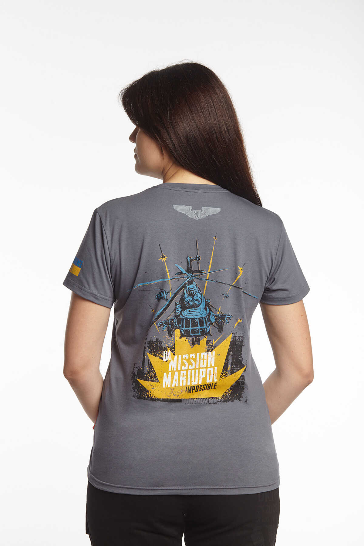 Women's T-Shirt Mission Mariupol. Color gray. 1.