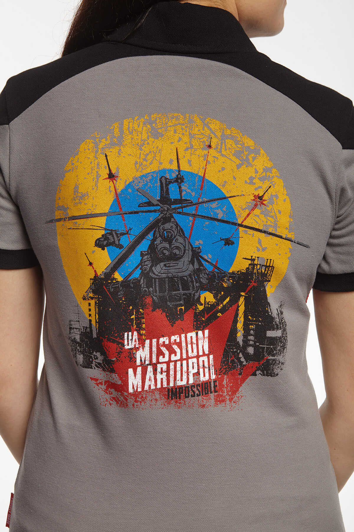 Women's Polo Mission Mariupol. Color dark gray. 
Technique of prints applied: silkscreen printing, embroidery.