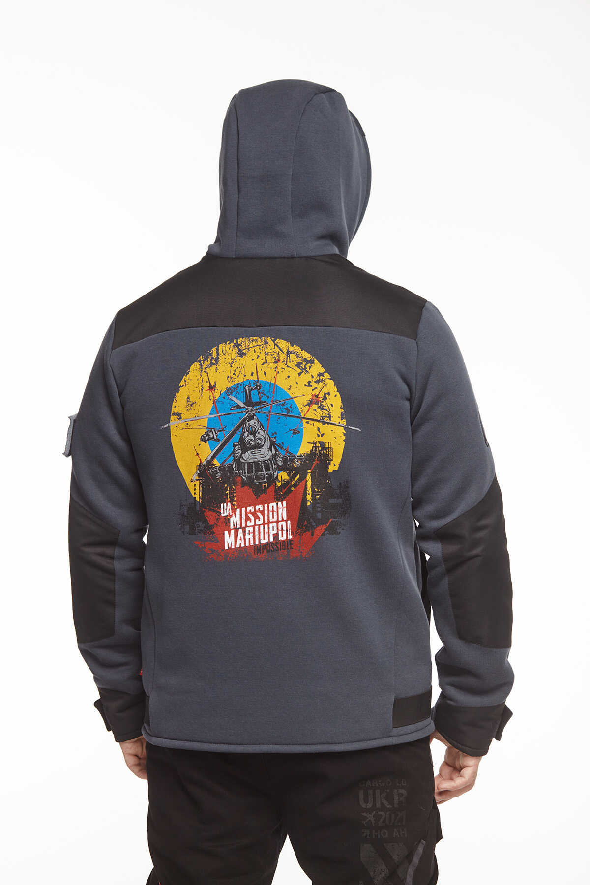 Men's Hoodie Mission Mariupol. Color graphite. 
Technique of prints applied: silkscreen printing.
