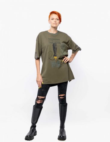 Women's T-Shirt Microphone Bomb. Color khaki. Unisex oversized t-shirt
Pique fabric: 100% cotton.