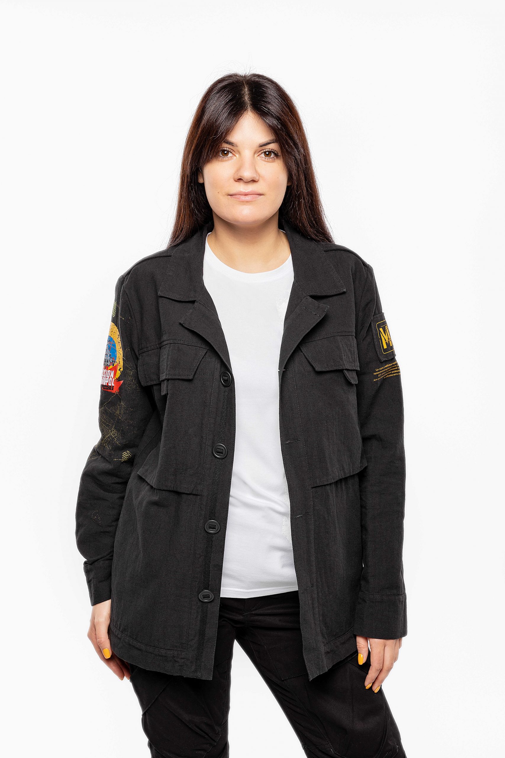 Women's Shirt-Jacket Mission Mariupol. Color black. Part of the profit is transferred to the families of heroes killed in the mission, so the product does not participate in promotions and bonuses are not accrued from it.