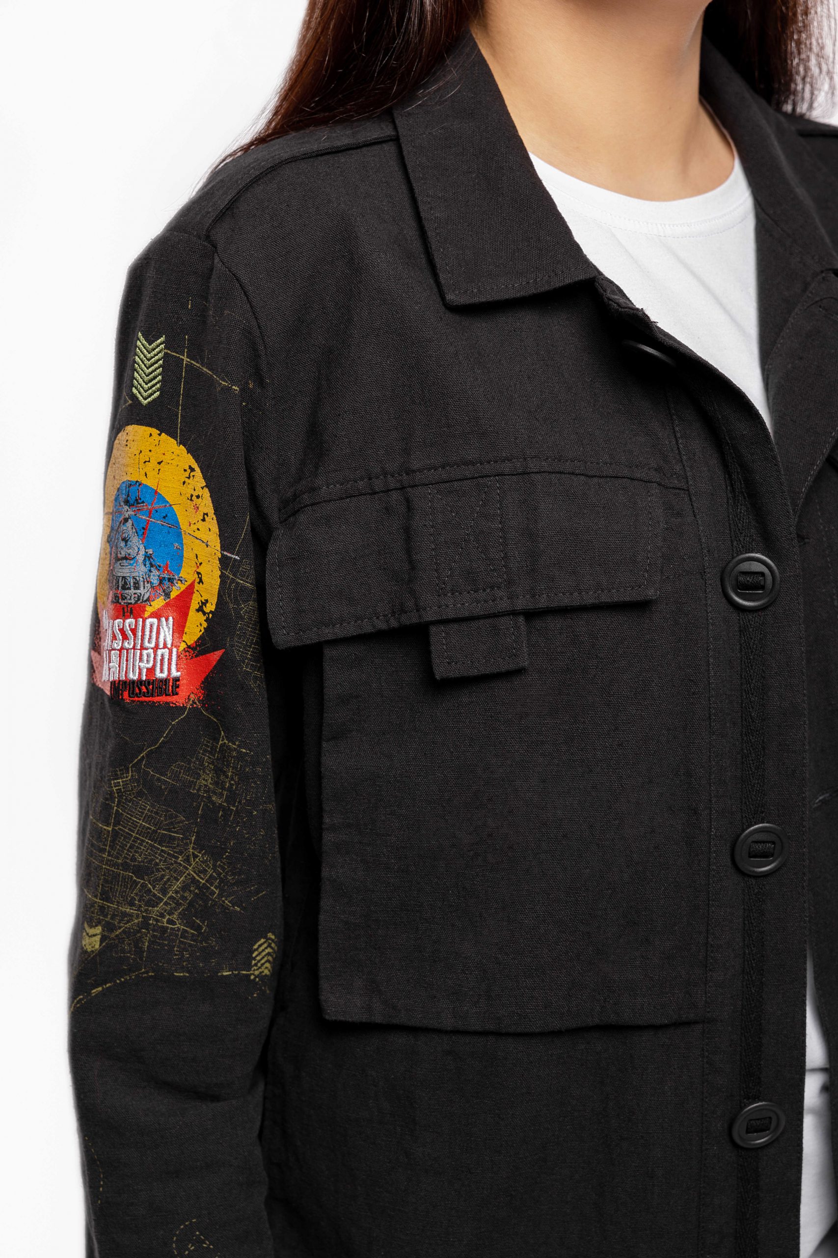 Women's Shirt-Jacket Mission Mariupol. Color black. 
Image application technology: silk printing, embroidery, chevrons.