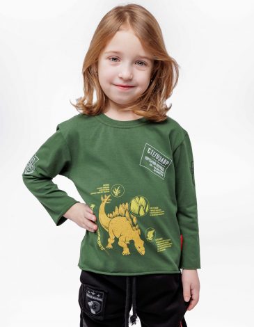 Kids Long-Sleeve Stegosaurus. Color dark green. .