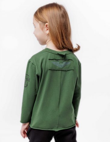 Kids Long-Sleeve Stegosaurus. Color dark green. .