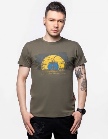 Men's T-Shirt Ukrainian Sun. Color khaki. .