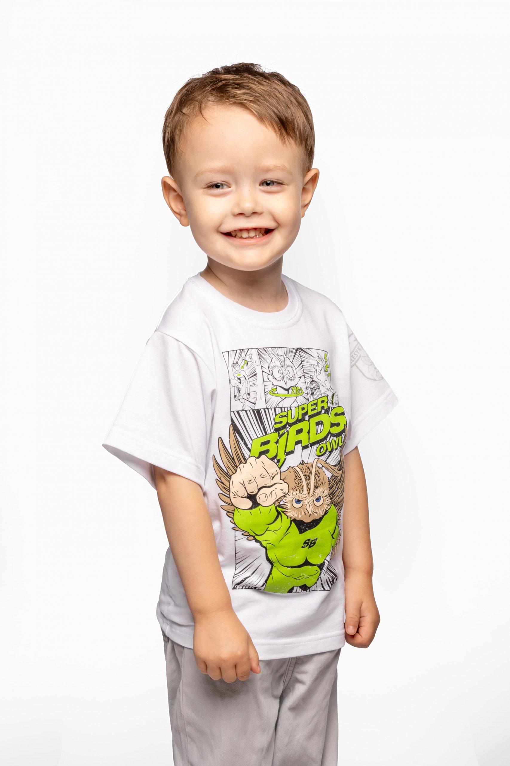 Kids T-Shirt Owl Superbird. Color white. 1.
