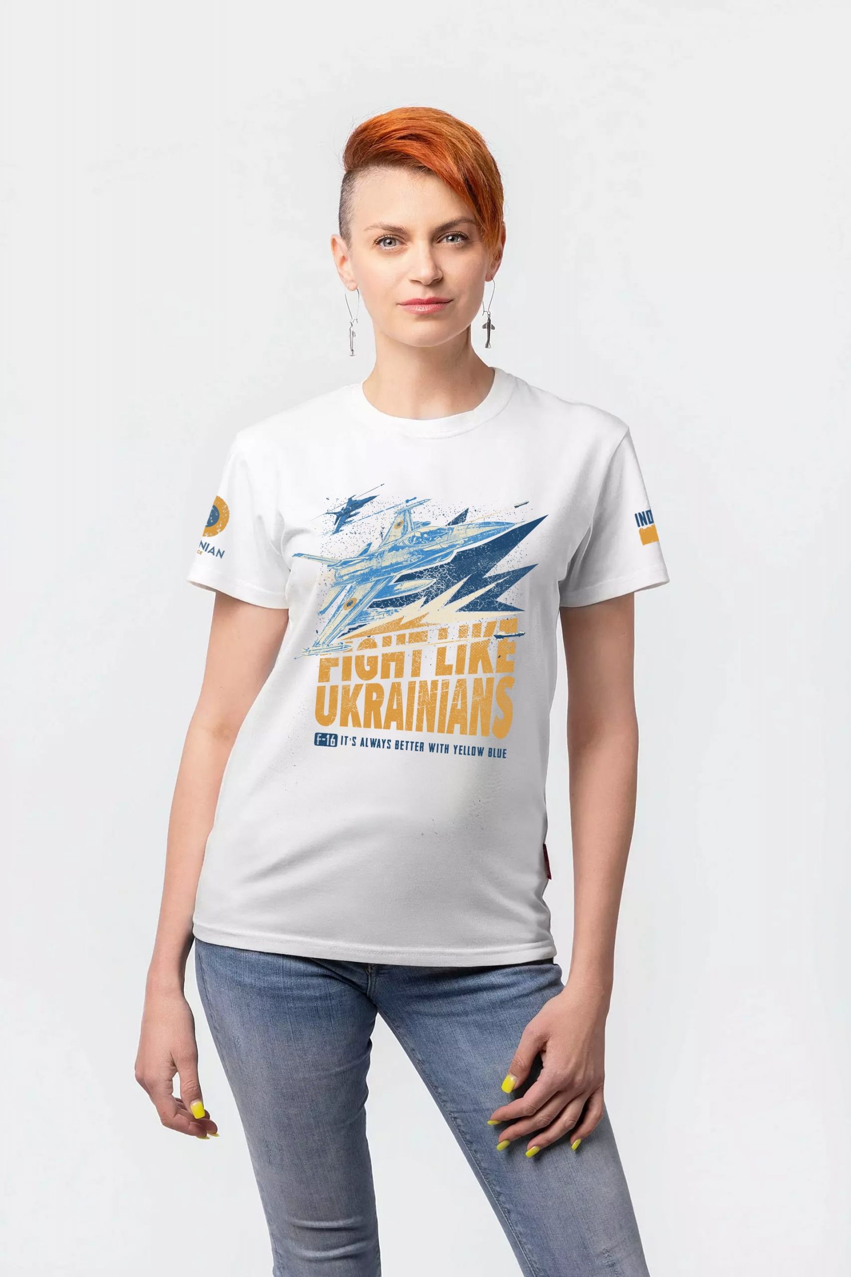 Women's T-Shirt F-16. Fight Like Ukrainians. Color off-white. .
