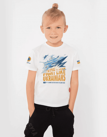 Kids T-Shirt F-16 Fight Like Ukrainians. Color off-white. .